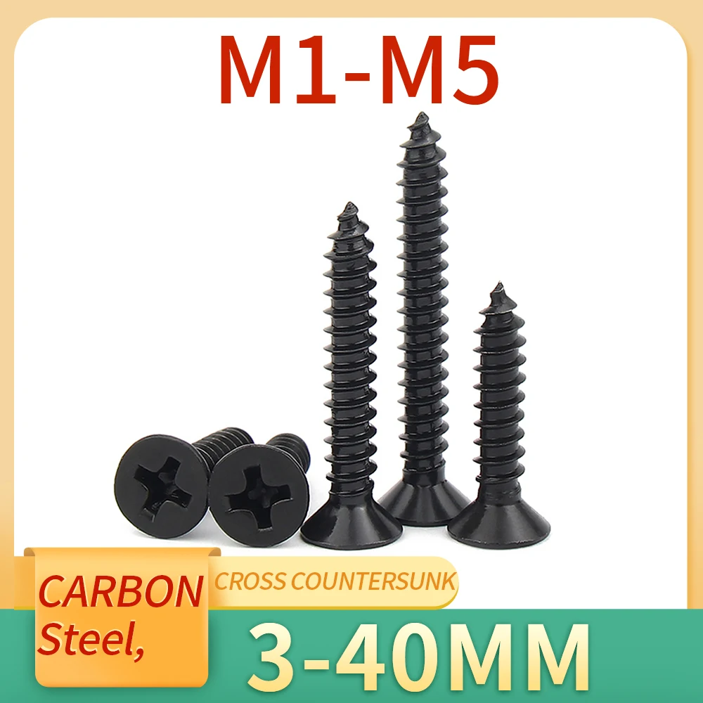  100Pcs/lot M1 M1.2 M1.4 M1.5 M2 M2.6 M3 M3.5 M4 M5 Cross Countersunk Flat Head Self-tapping Screw Black Phillips Carbon Steel 