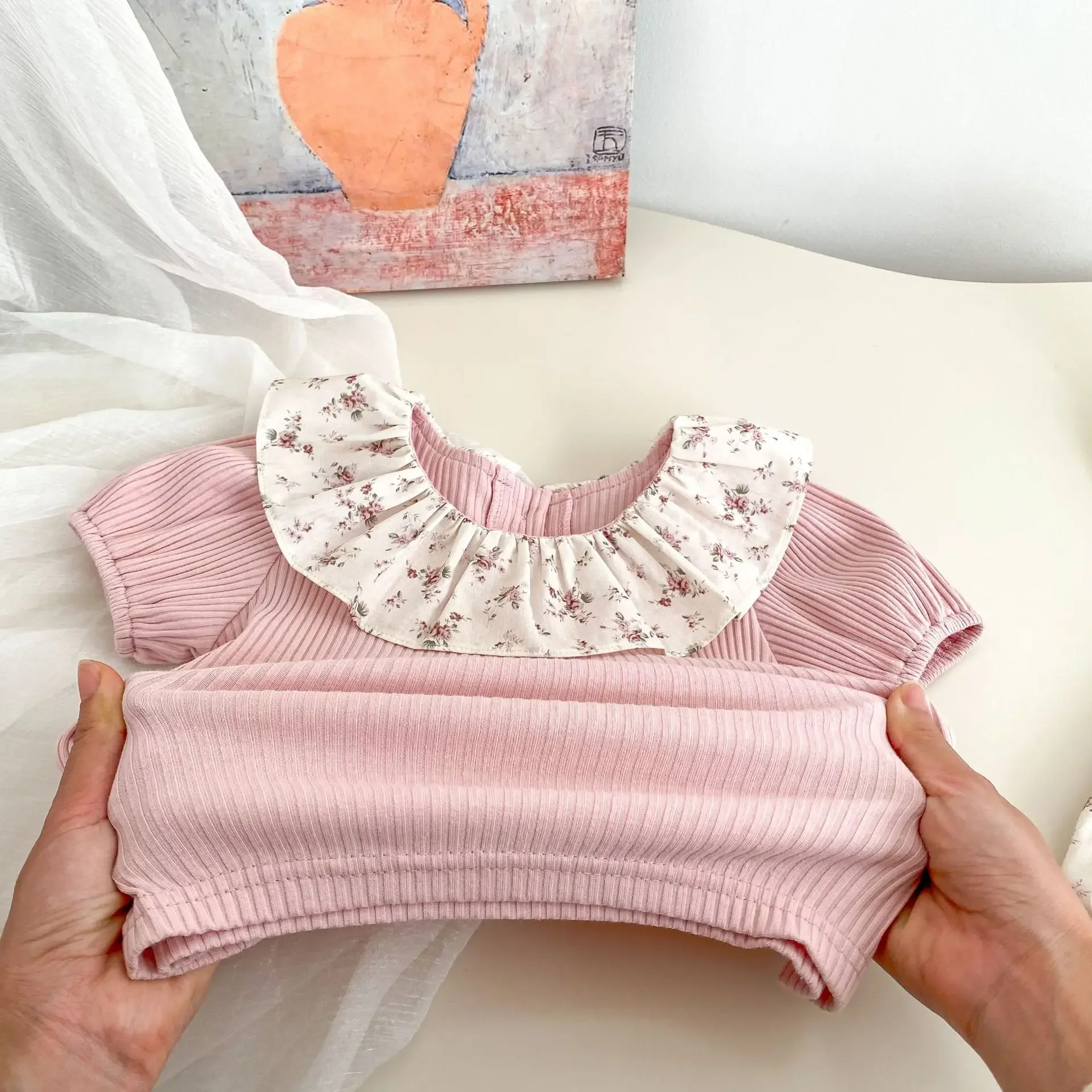 Cotton Baby Girl Summer Set Ruffled Collar Sleeveless Top Bloomers