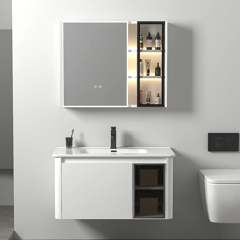 Cheap Price Plywood Bathroom Vanity Cabinet With Ceramic Basin Bathroom Vanity With Body Sensor LED Mirror Cabinet