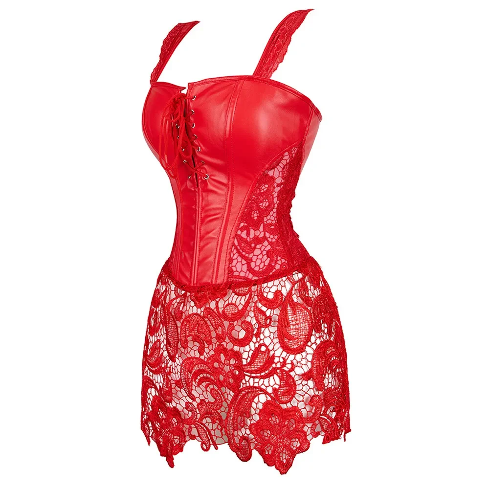

Faux Leahter Corset Dress With Straps Zipper Sexy Bustier Lace Skirt Lingerie Plus Size Steampunk Overbust Corselet For Women