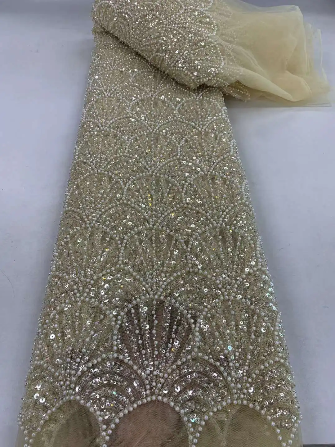 Fashion Long Tube Rice Bead French Embroidery Mesh Lace Fabric for Evening Party Dress African Women Wedding Outfit Material ZX