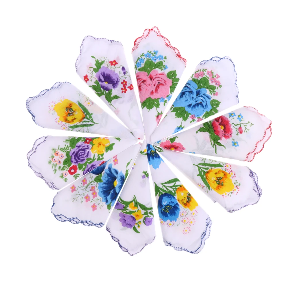 10pcs Women`s Cotton Handkerchiefs Assorted with And Print Floral