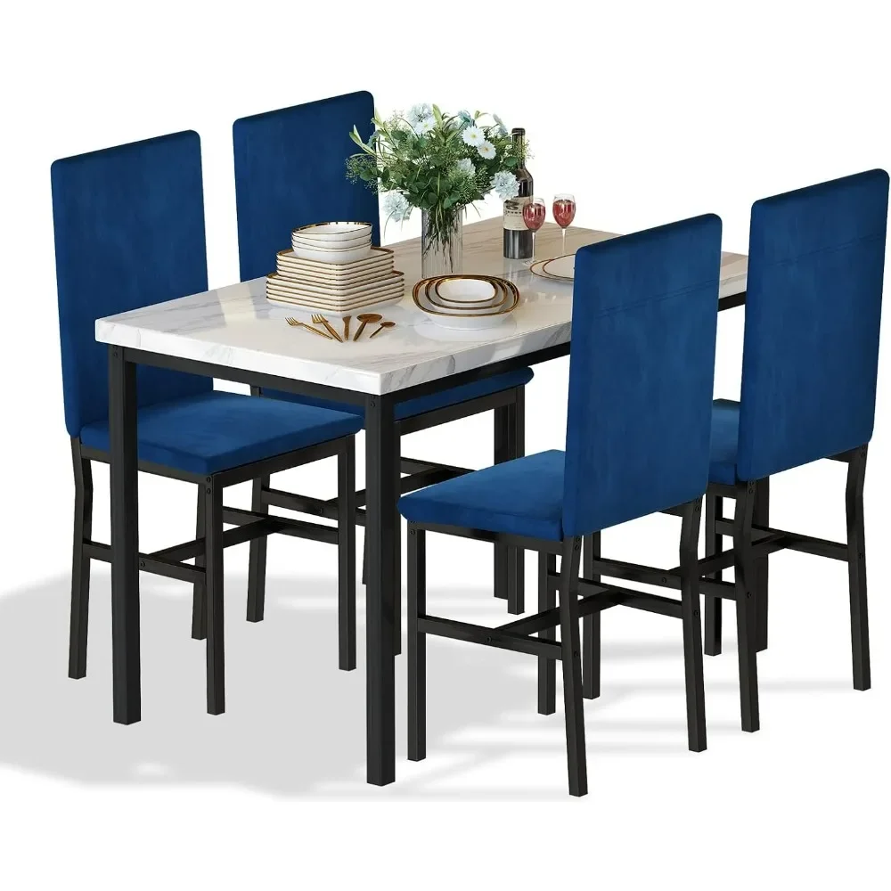 Dining Table Set for 4 Modern Style Faux Marble Tabletop & 4 Velvet Chairs for Dining Room Kitchen Breakfast Small Spaces