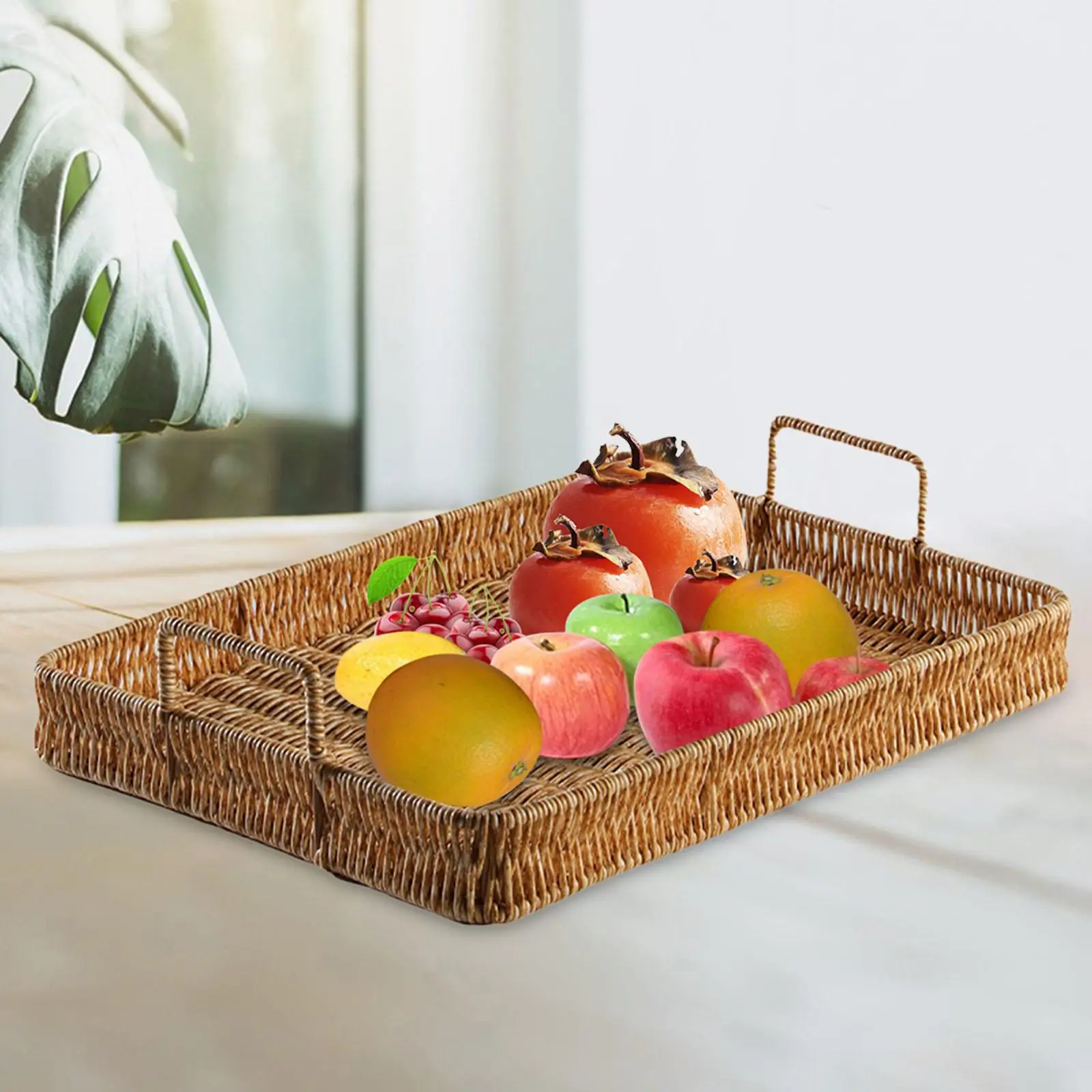 Vassoio Rettangolare In Rattan Intrecciato A Mano – In Vimini Con Manico, Per Snack, Bevande E Decorazioni – 3 Dimensioni