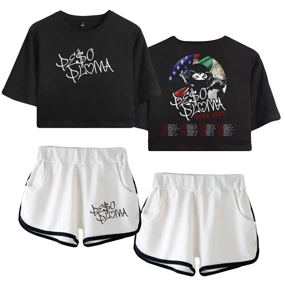 

Peso Pluma Flag Tour Merch Two Piece Set Short Sleeve Cropped Top Navel Tee+Shorts 2023 World Tour Women's Sets