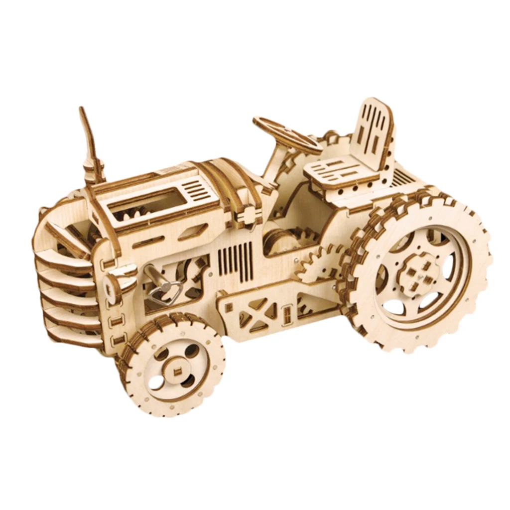 Natural Wooden Mechanical Tractor Model Kit to Build for Adults and Kids - Detailed and Sturdy - 3D Wooden Puzzle