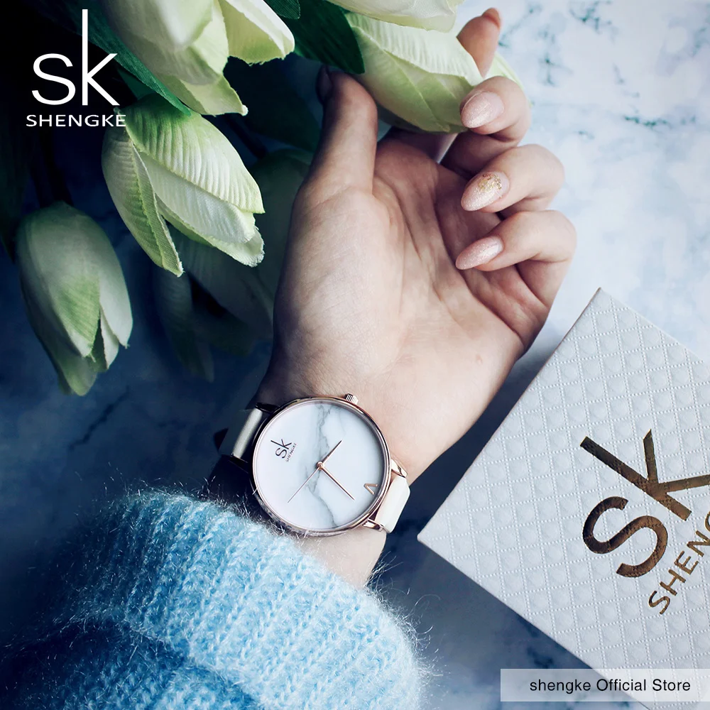 

Leather Shengke Top Brand Watches Fashion Ladies Female Quartz Watch Women Thin Casual Strap Watch Reloj Mujer Marble Dial SK