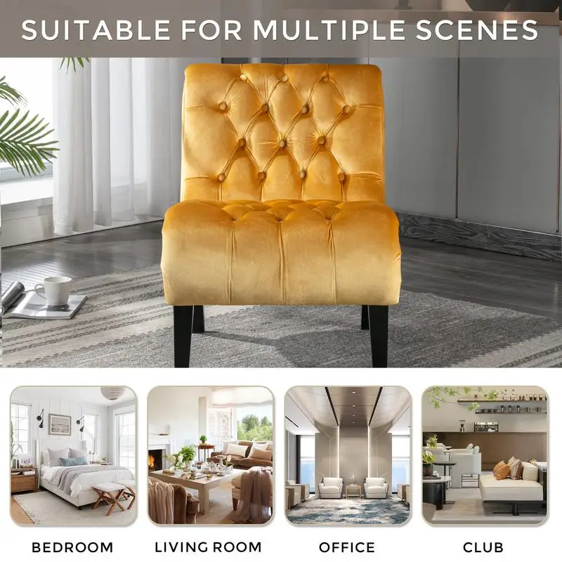 Modern Velvet Armless Accent Chair, Upholstered Fabric Button Design, Comfortable Wooden Leg Chair for Living Room, Bedroom, 4