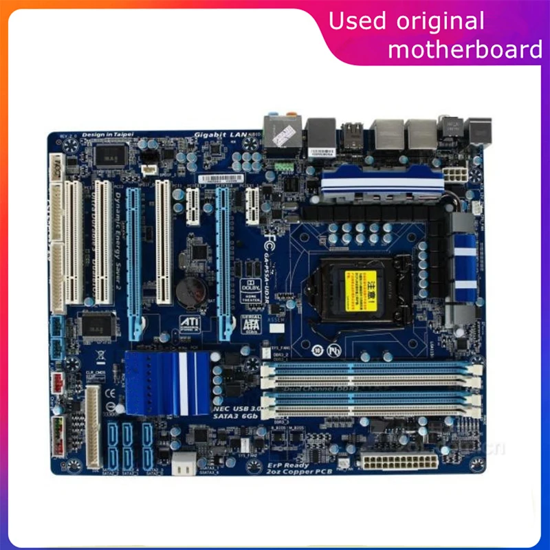 

Б/у материнская плата LGA 1156 для Intel P55 GA-P55A-UD3R компьютера USB3.0 SATA3, DDR3 16G, десктопная материнская плата