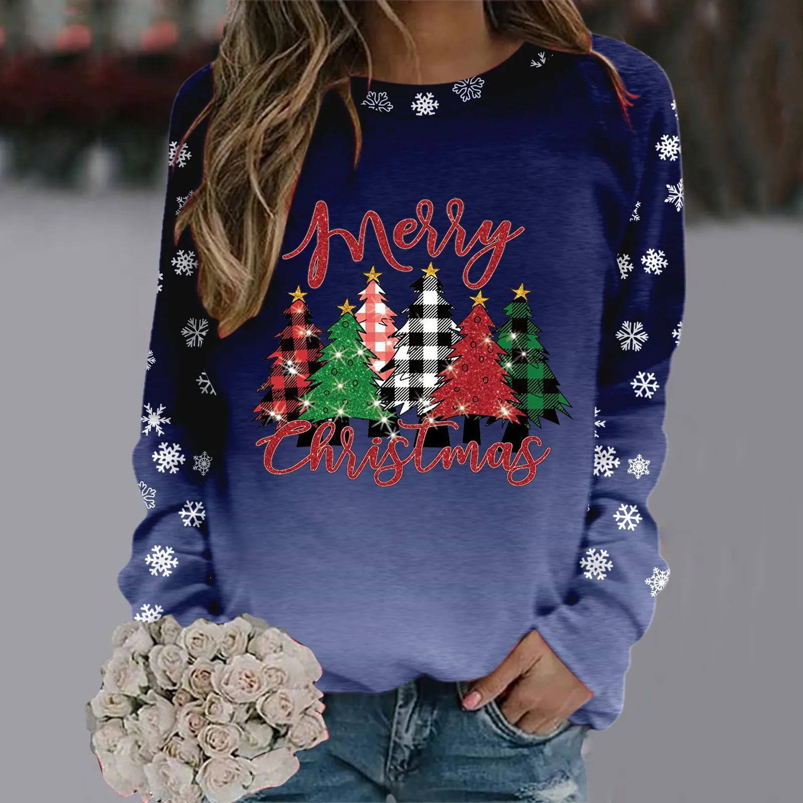 

Sweatshirt For Womens Merry Christmas Print O Neck Round Neck Fit Pullover Tops Fashion Long Fleece Lined Sweatshirt Women