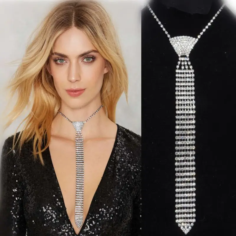 

Women Fashionable Elegant Rhinestones Metal Necktie Glitter Crystal Long Necklace Chain Jewelry for Wedding