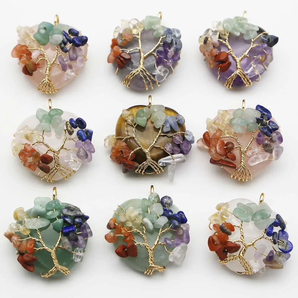 Natural Stone Heart Colorful Fortune Life Tree Pendants Amethyst Rose Quartz Necklace Charms Fashion Jewelry Gift Wholesale 4Pcs