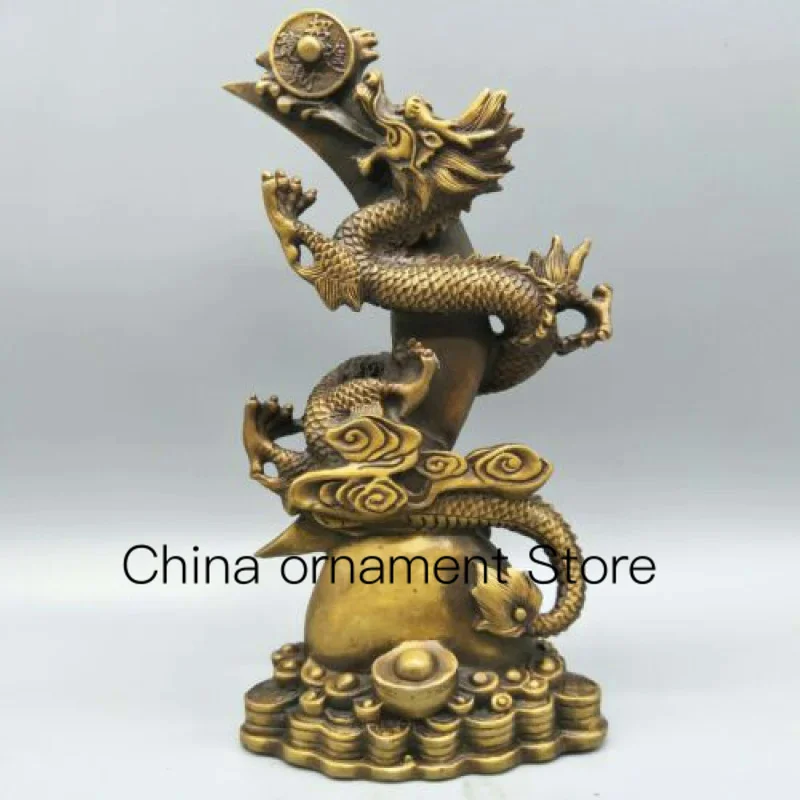 

28cm Old Bronze Hand Carved Flying Dragon Sky Statue Wish Wealth Fortune