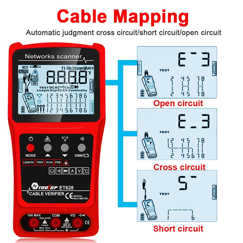 TOOLTOP 3 in 1 LAN Cable Tester Visual Fault Locator Multimeter 600M Length Measure Cable Mapping POE Rj45 Network Tracker