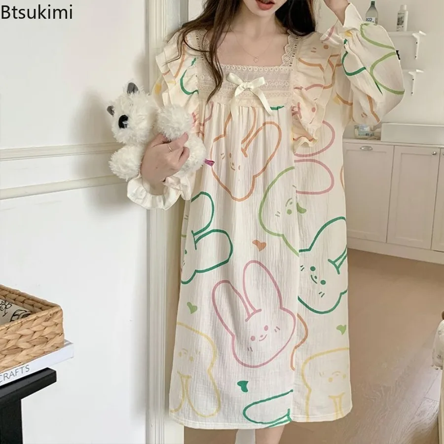 2024 Women's Long Sleeve Cotton Print Nightgowns Sleepwear Dress Korean Cute Lace Long Dress Soft Night Dress Girls' Nightdress