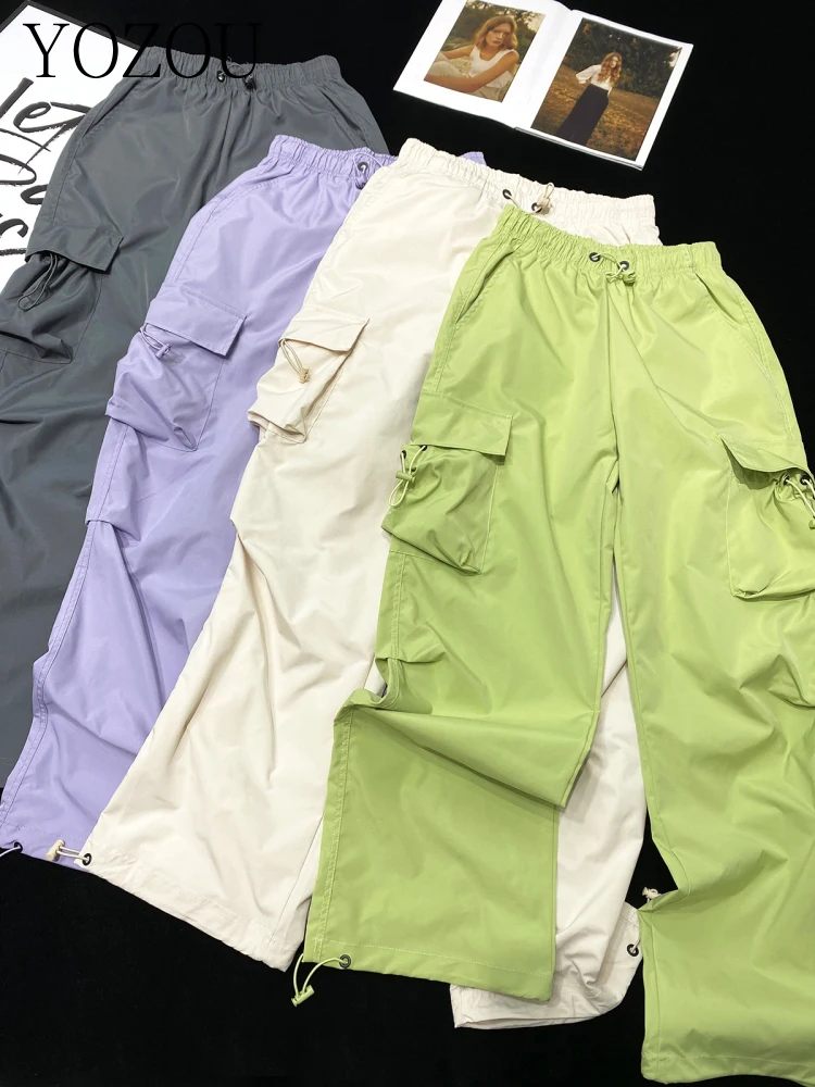 [YOZOU] Drawstring Baggy Cargo Parachute Pants Candy Color Ovesized Loose Trousers Women Y2k Streetwear Rave Pink Green Black