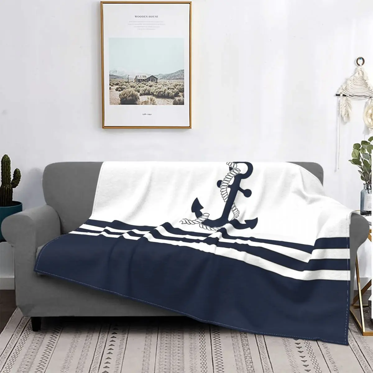 

Anchor Blanket Fleece Velvet Breathable Super Warm Thin Nautical Blue Wwhite Stripes Throw Blankets For Sofa Plush Thin Quilt