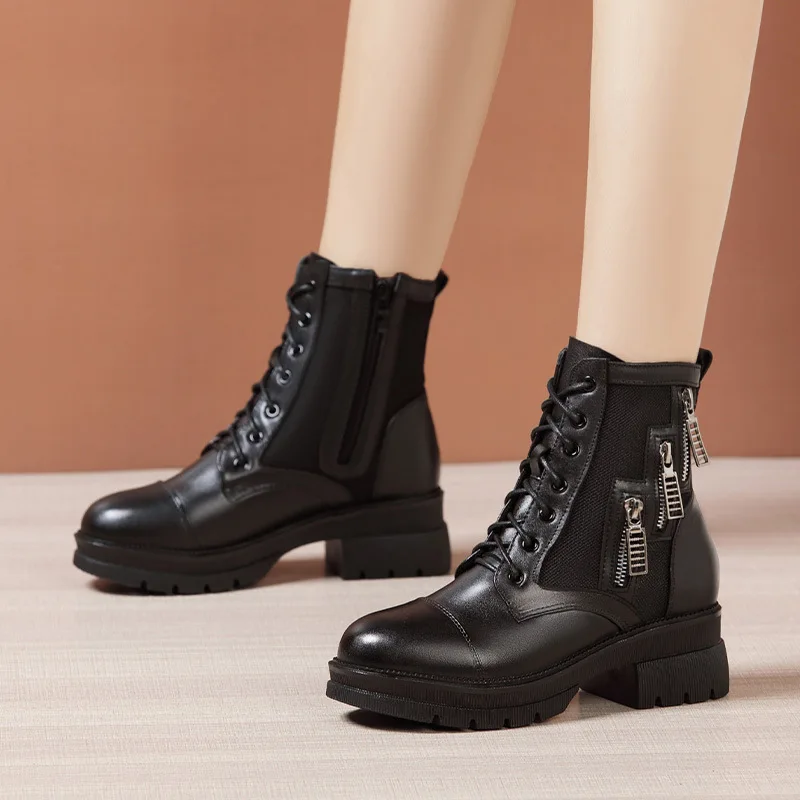 High quality mid calf leather boots for women 5cm mid heel platform round tone 2023 autumn winter elegant 35 39 40 shoe - black