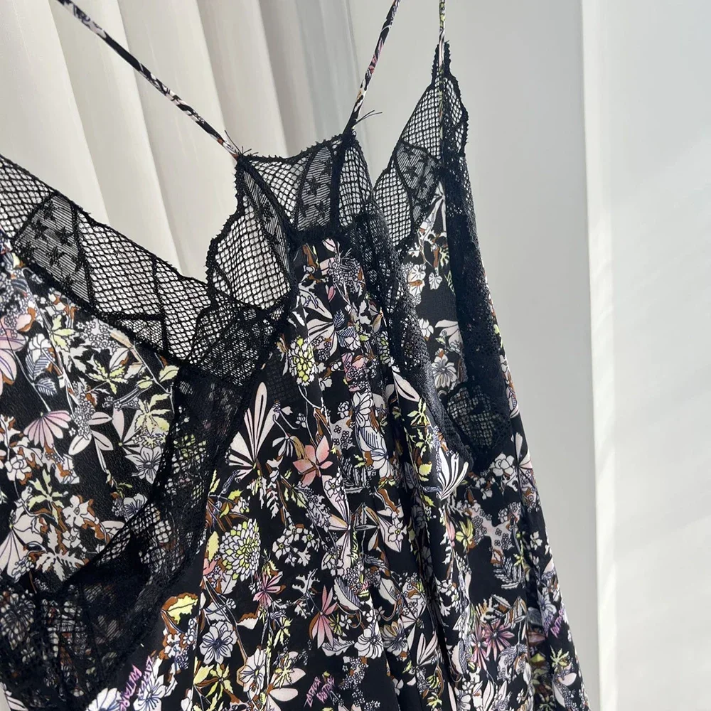 Summer casual plant printed silk camisole dress new women's lace patchwork V-neck floral sleeveless long dress