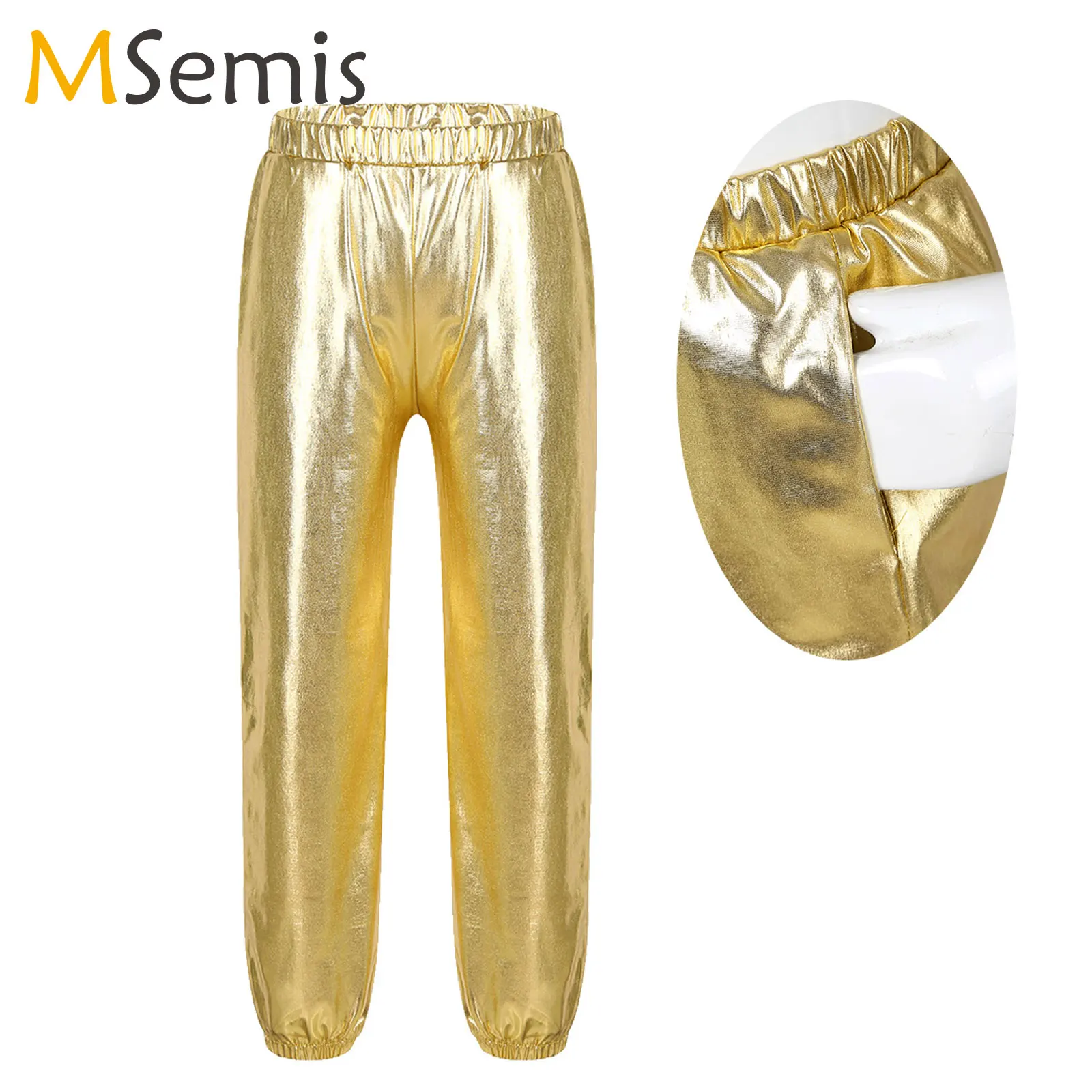 

Metallic Pants Kids Girls Boys Shiny Glossy Metallic Harem Dance Pants Loose Fit Leggings for Modern Hip Hop Streetwear Trousers