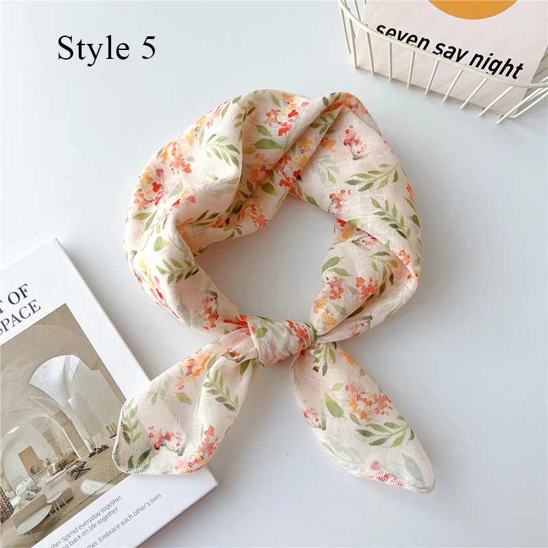 

58*58cm Women Hijab Shawl Cotton Linen Small Square Scarf Headband Neckerchief Floral Print Hair Scarf Headscarf Handmade
