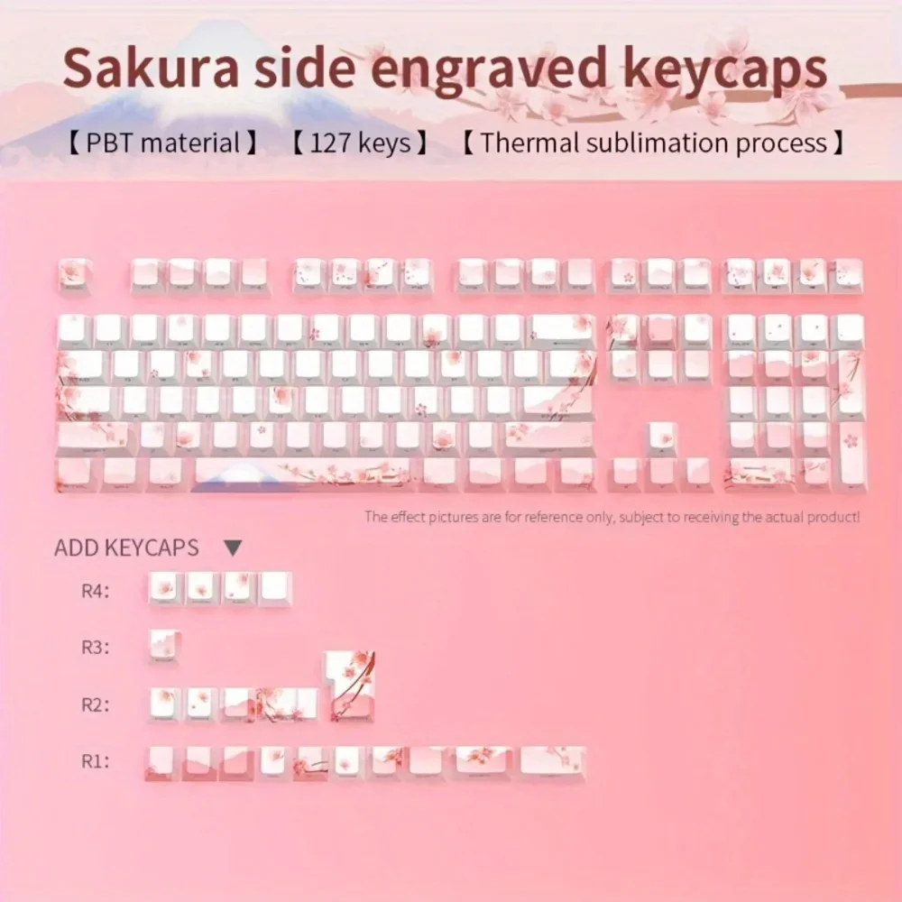 Cherry Blossom Pink Illuminated Keycap Set, Side Engraved PBT Material, 128 Keys, Cute Girl Design