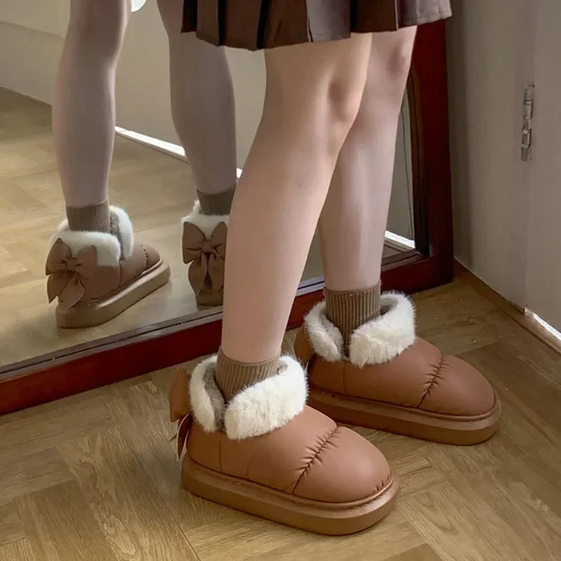 Winter short boots cute bow warm padded snow boots men and women creative new waterproof down outdoor snow season