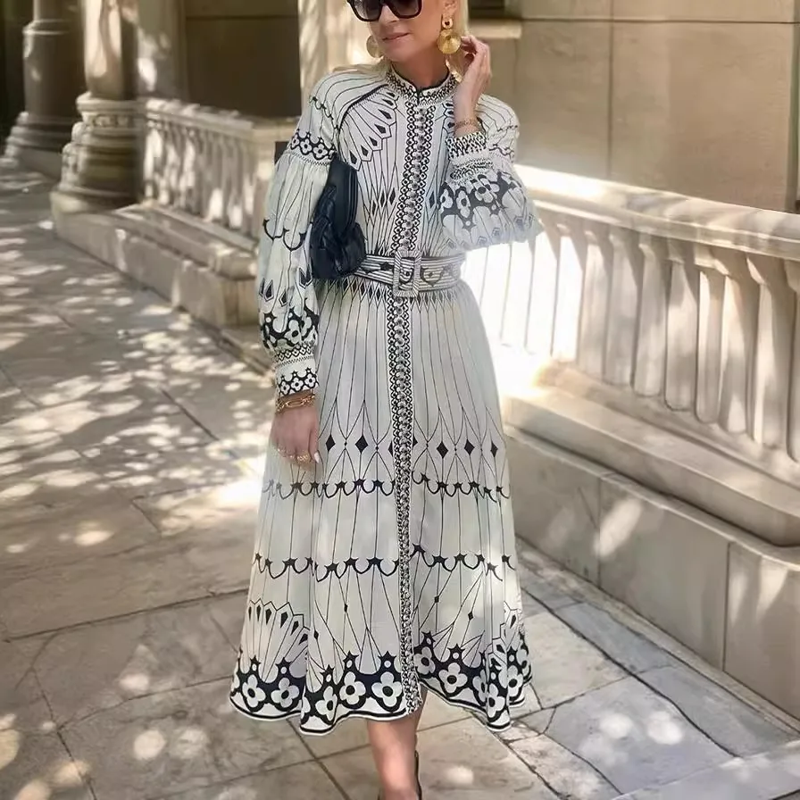 

Women's Vintage Patchwork Print Dress Women's Fashionable Long Sleeve High Waist Midi Dress Women's Elegant Party Dress