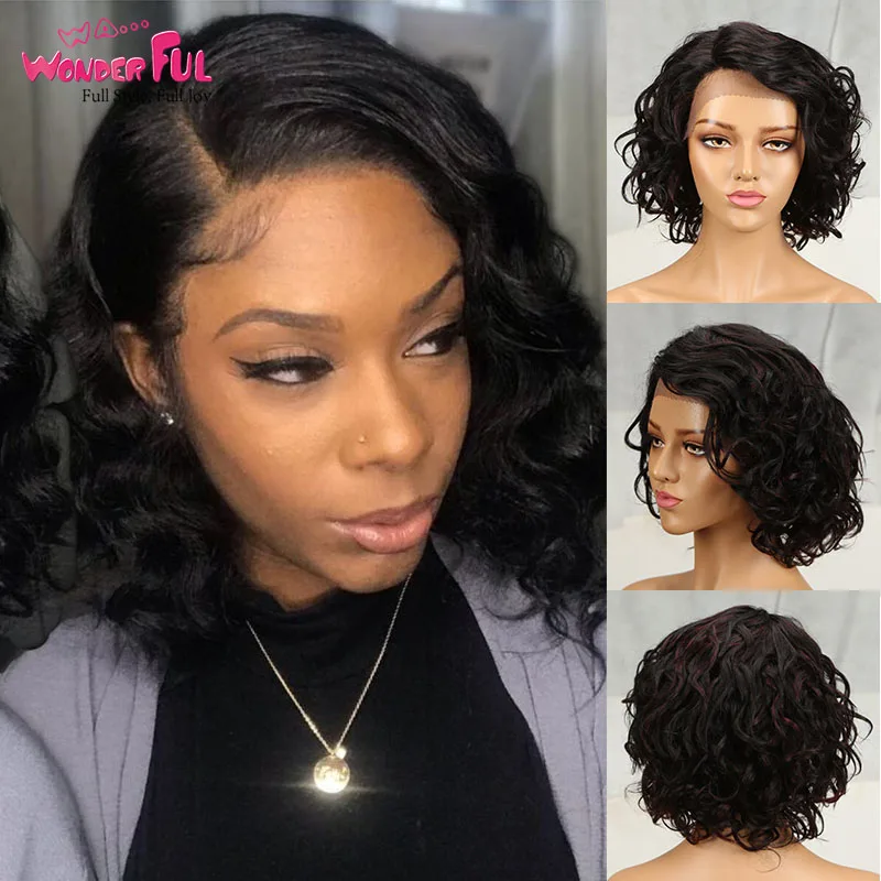 

Wonderful Short Water Wave Wigs Lace Part Human Hair Wigs For Women Brazilian Remy Hair 150% Density Short Wigs Free Shipping