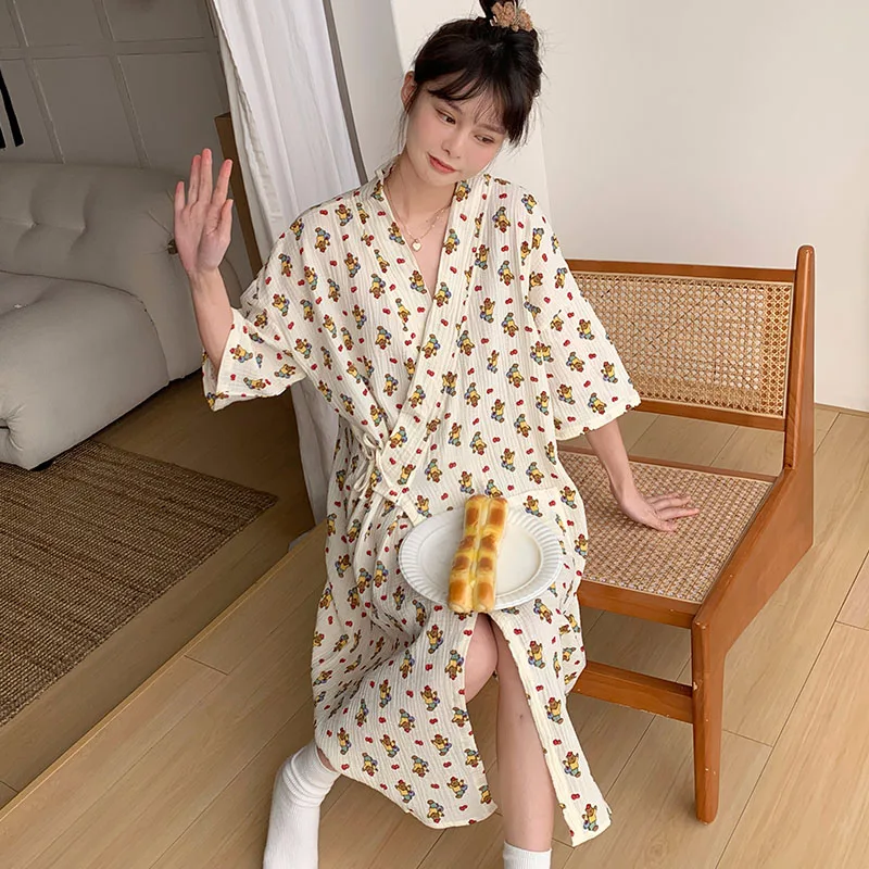 Summer Cardigan Half Sleeved Night-Robe For Women 2024 New Cotton Gauze Loose Fitting Bathrobe Printed Lace-up Home Nightdress