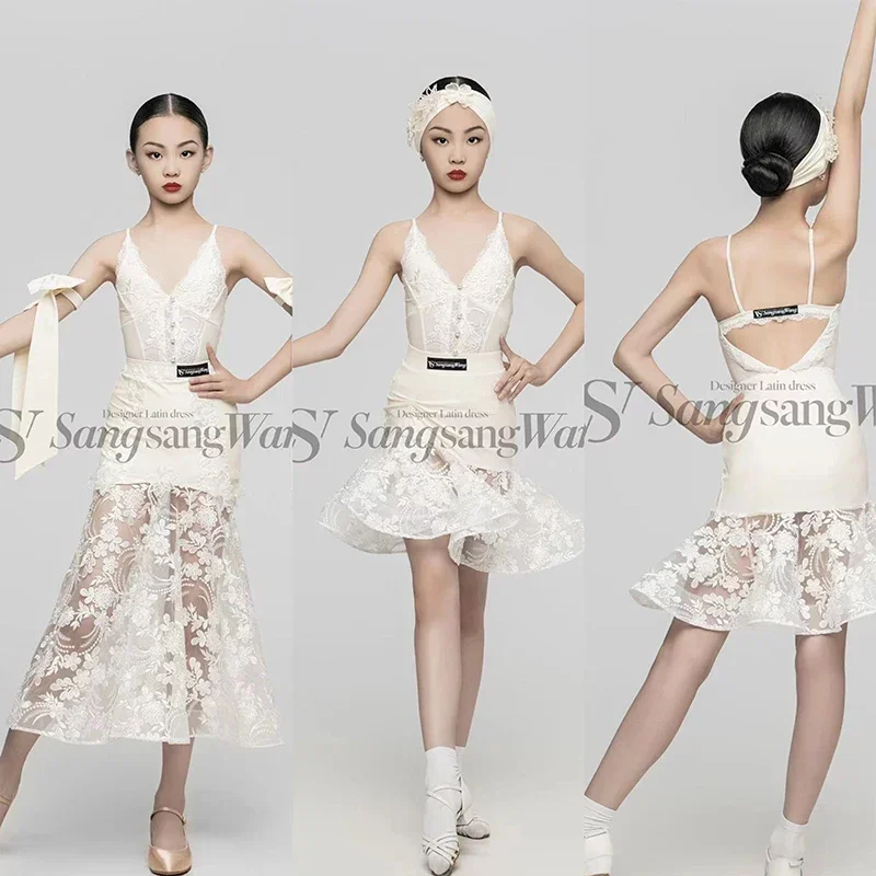 

Kids Latin Dance Clothes Girls Fairy Dress Cream Lace Tops Skirt Performance Costume Ballroom Dance Competition Dress DNV18352