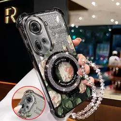 Elegant Pink Flowers Phone Case with Plating Stand and Lanyard - OPPO Reno10 (Black)