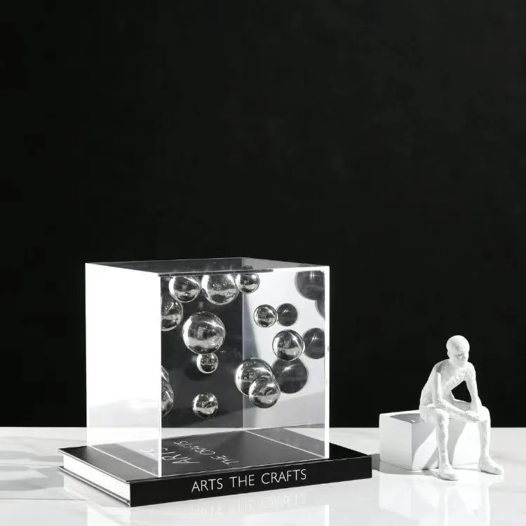 Description Picture 2 of itemAbstract Metal Ball Artwork Square Transparent Box Desk Decoration Ornaments Modern Sphericity Crafts Room Aesthetics Decor