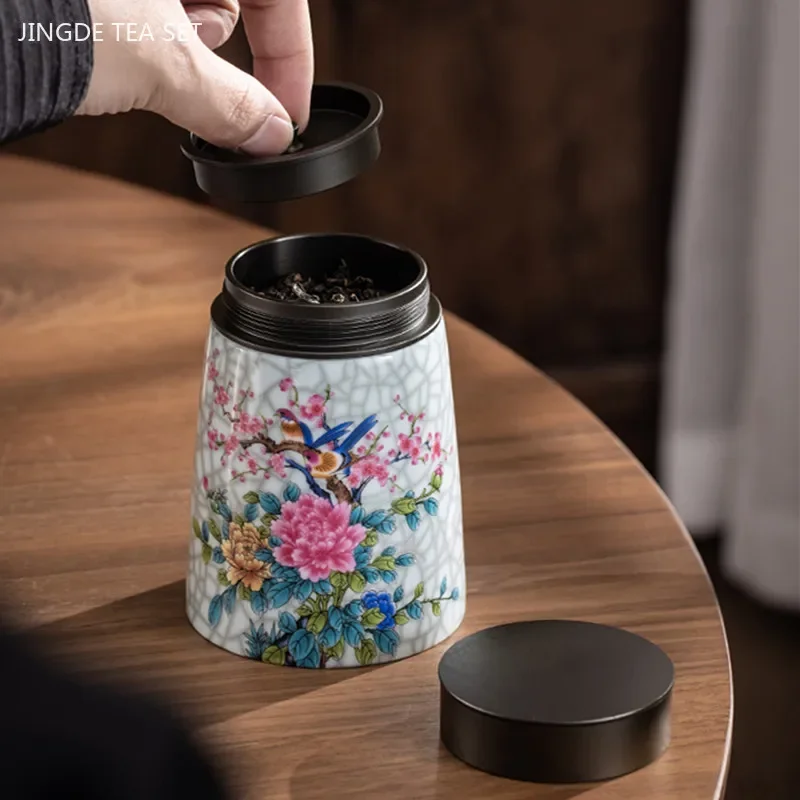 250ml Exquisite Ceramic Tea Tin Aluminum Lid Sealed Jar Enamel Color Tea Box Travel Portable Moisture-proof Coffee Container