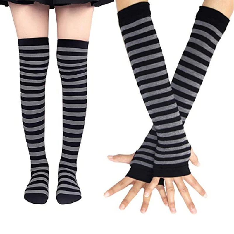 Chic Stripe Printed Thigh-High Cotton Socks and Arm Sleeve Set