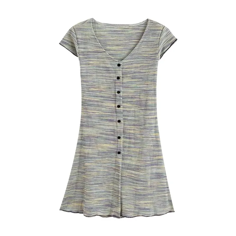 

Sweet colorful striped V-neck short sleeved single breasted A-line fishtail short knit dress