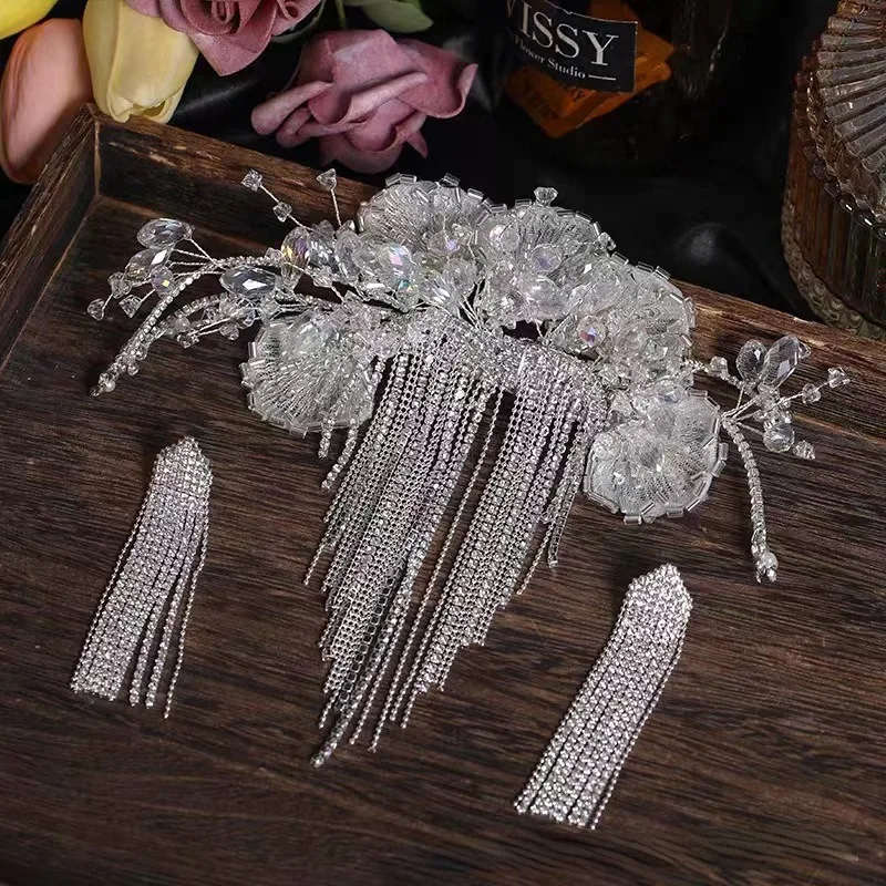 

Luxury Crystal and Tassel Hair Wear tassel Earrings Sets for Brides Hair Accessories