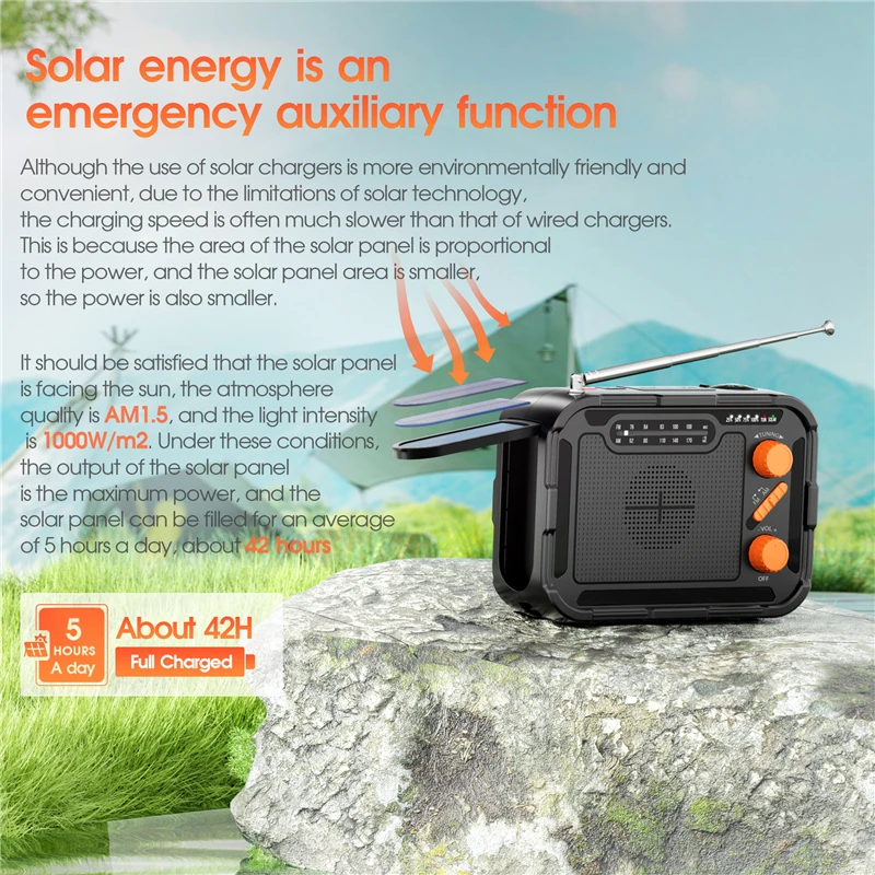Hand Crank Solar Power Bank DC 5.0 Type C Input for iPhone 16 15 Samsung Powerbank with FM/AM Radio Flashlight Portable Charger 3