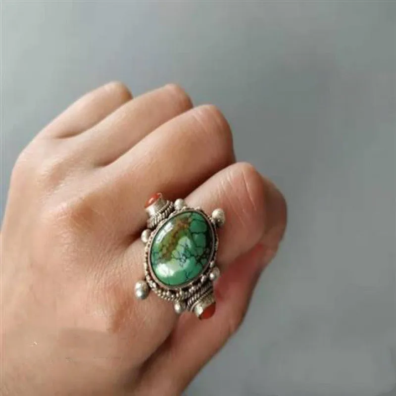 

Ethnic Tibetan Style Turquoise Unique Engagement Rings for Women Men Vintage Fine Jewelry Party Adjustable Ring Gifts