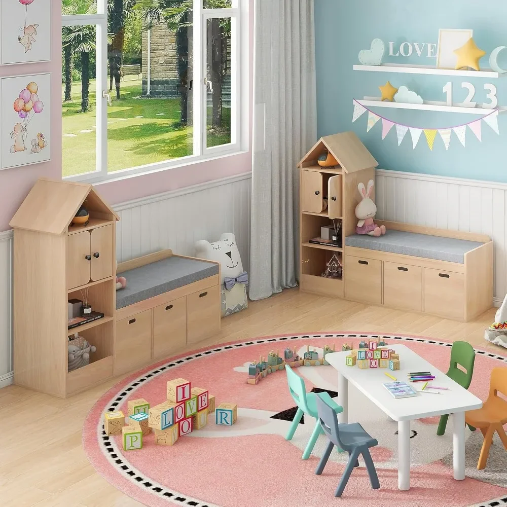 Kids Bookcase and Bookshelf with Reading Nook, Toy Storage Organizer for Kids, Oak Castle Wooden Bookcase with 3 Open Storage 6