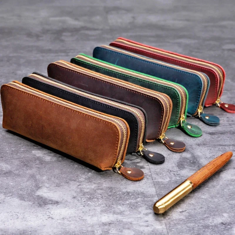 

Zipper pen bag, handmade leather stationery bag, creative and fashionable retro pen storage bag, office supplies