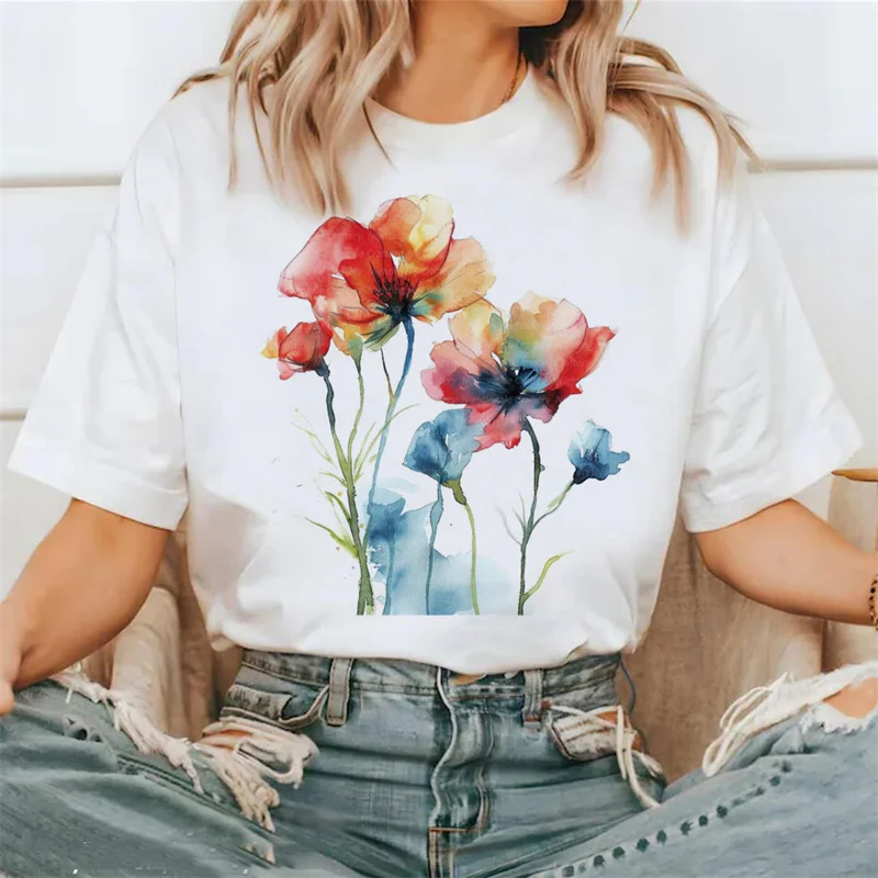 

Модная трендовая Акварельная Повседневная футболка с рисунком, милая одежда 90-х годов, Женская Базовая футболка с круглым вырезом и коротким рукавом с принтом из мультфильма.