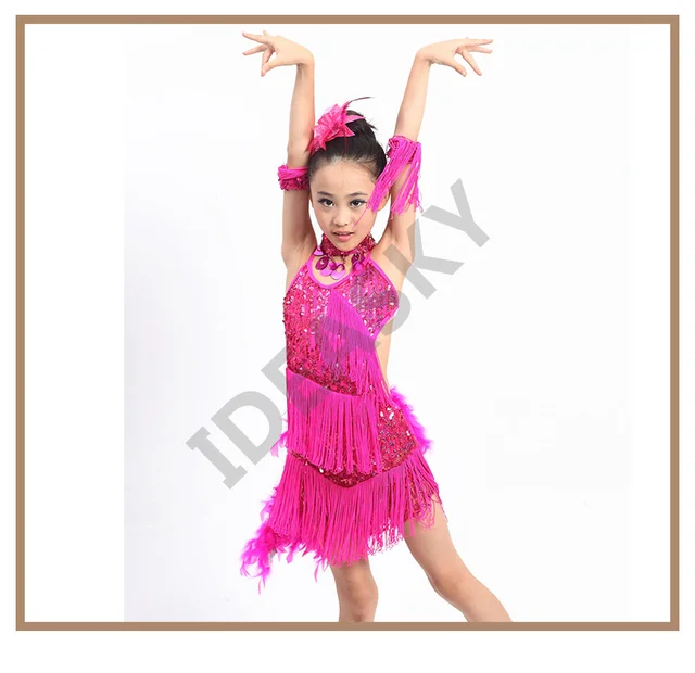 Vestido Baile Latino Niñas Con Flecos Y Lentejuelas - Incluye Guantes
