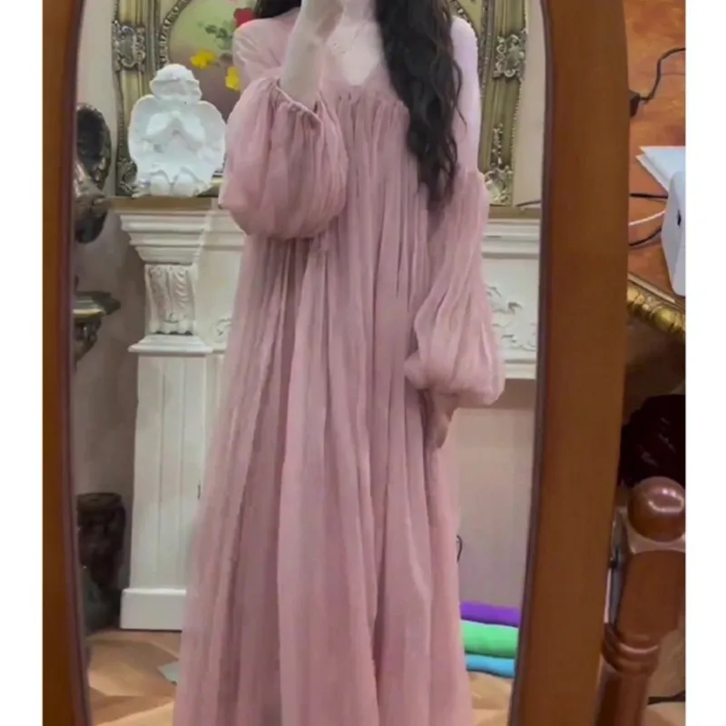 

Delicate Tea Break Gentle Pink Puff Sleeve Chiffon Bottoming Dress