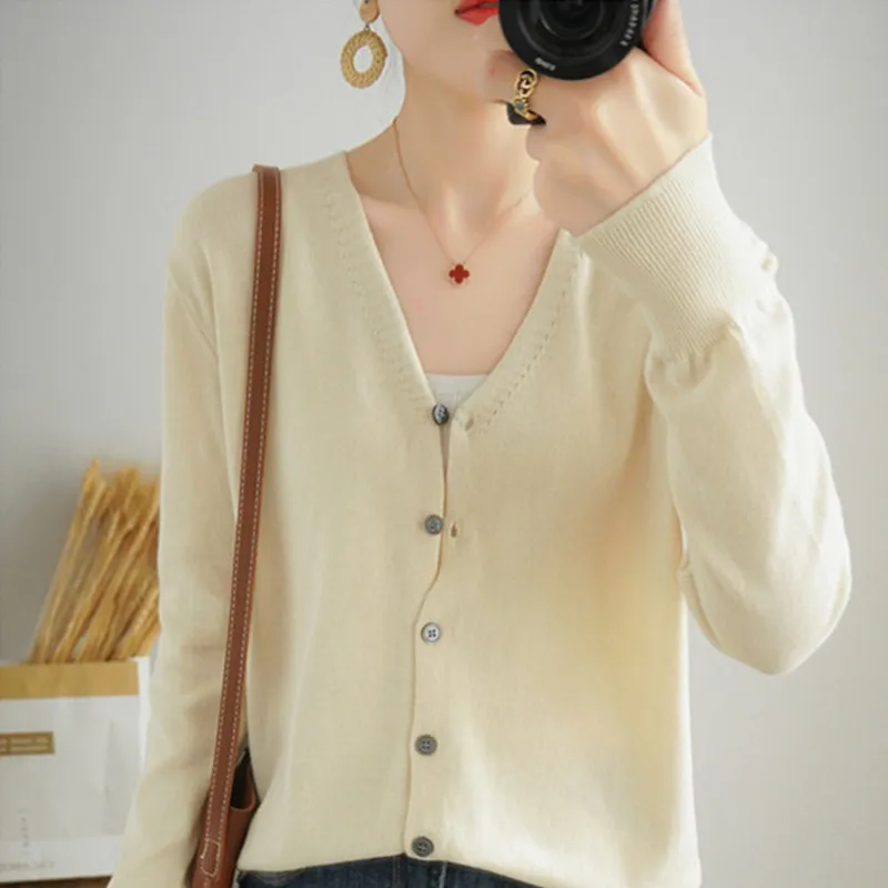 Autumn And Winter Women's V-neck Knitted Sweater 100% Knitted Long Staple Cotton Cardigan Basic Classic Korean Versatile Top SMY 6