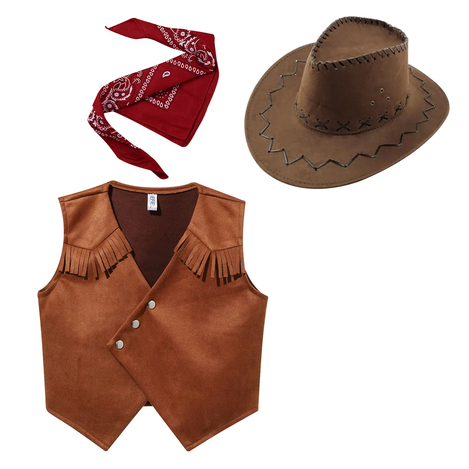 

Kids Boys Western Cowboy Uniforms Cowboy Cosplay Party Costume Fringe Vest with Bandanna Felt Hat Carnival Dress Up Outfits