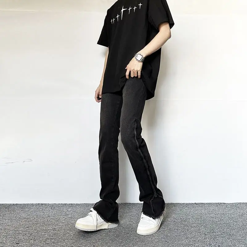 Jeans High Street Men's and Women's American Fashion Retro Wash Black Slim Fit Slim Side Zipper Micro Horn Pants