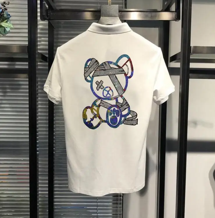 

Anime Summer Men's Fashion Rhinestones Short Sleeve Diamonds Polo Shirts Casual Streetwear Tops