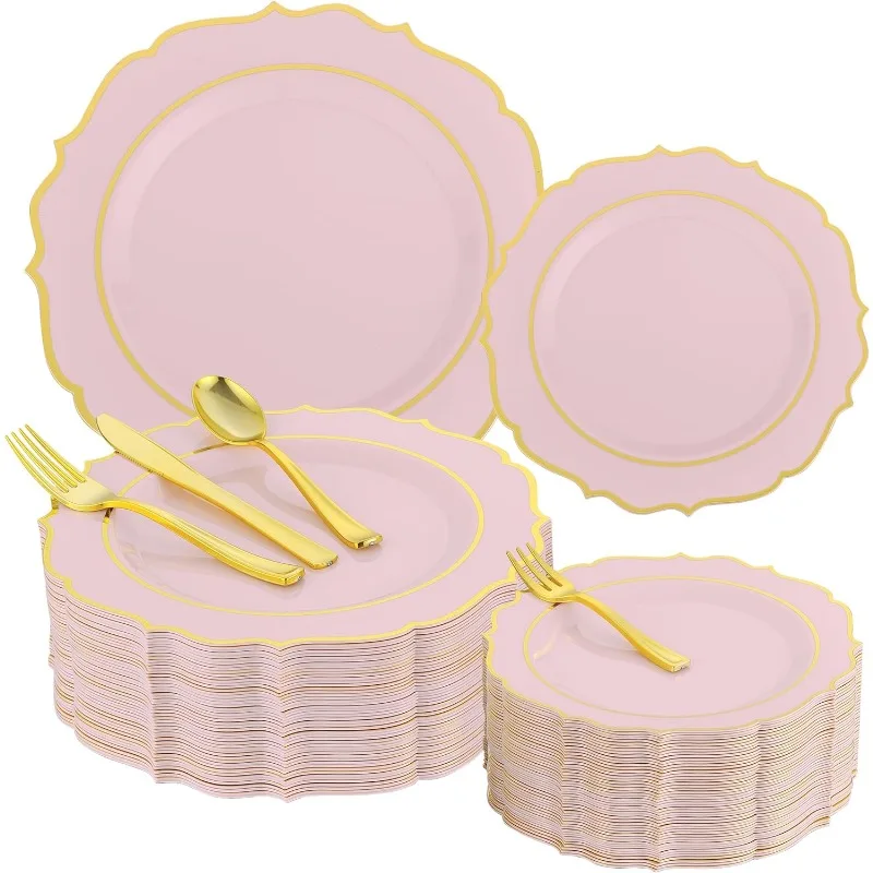 300 PCS Dinnerware Set for 50 Guests,Heavy Duty Plastic Disposable Plates for Party Wedding-Reusable 50 Dinner Plates,50 Dessert