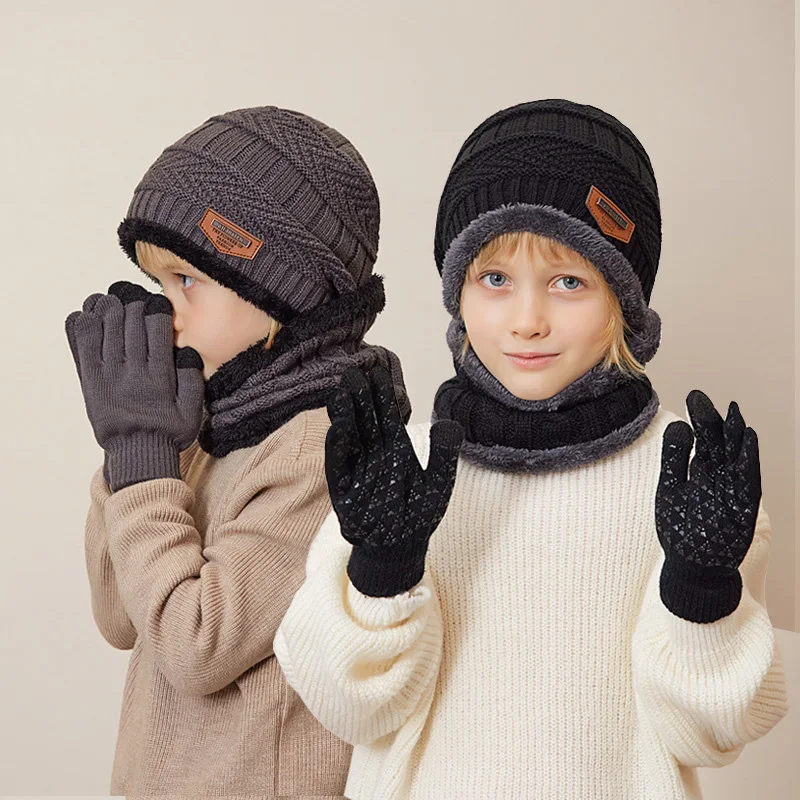 Children's Hat Scarf Glove Set Baby Knitted Woolen Hats Plus Velvet Warm Neck Scarfs Fashion Winter Kids Outdoor Cold-Proof 3Pcs 1